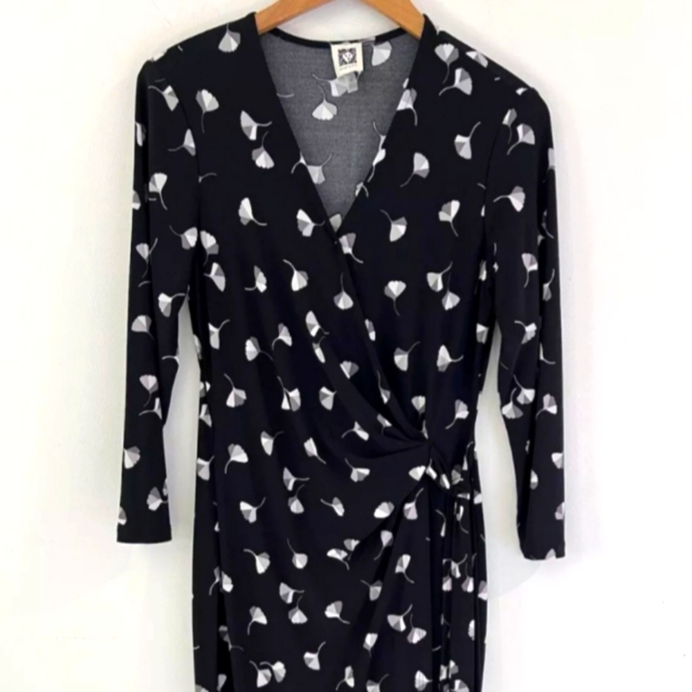 Anne Klein Black Wrap Dress with White Leaf Pattern